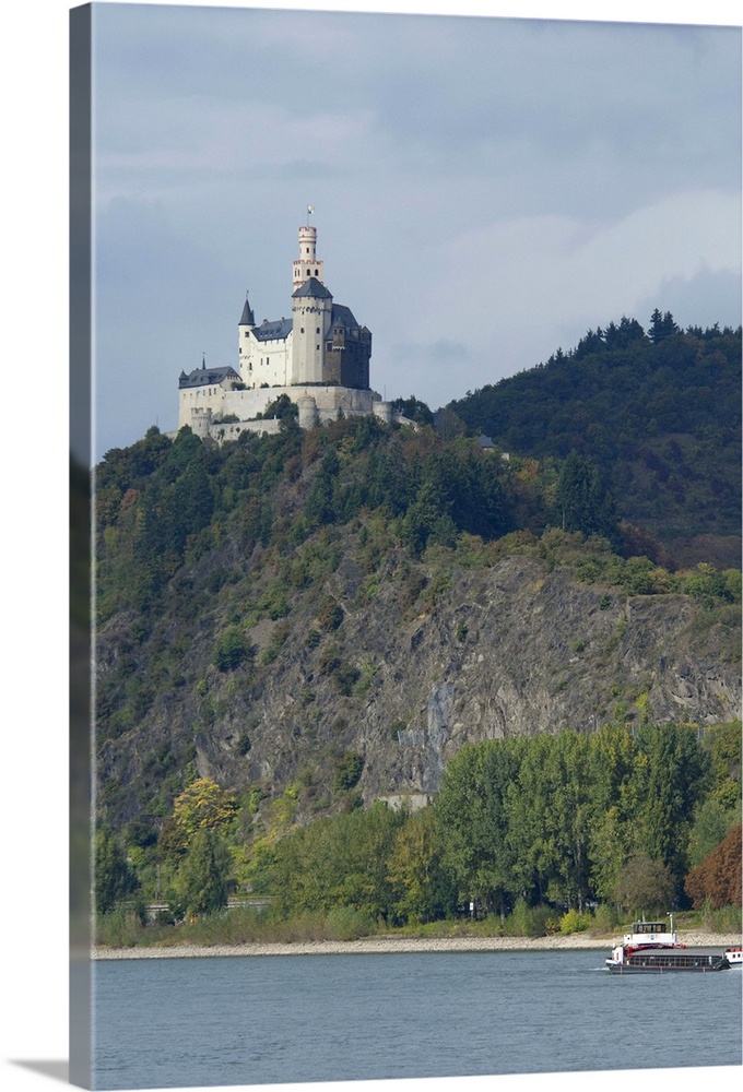 Germany, Rhine River, View between Mainz, Hilltop Marksburg Castle