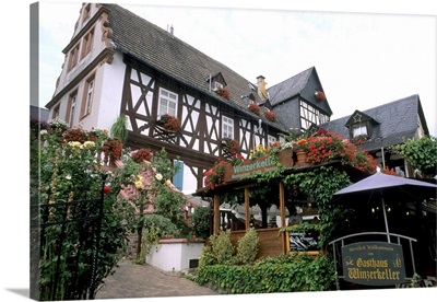 Germany, Rudesheim Old Town by Rhine River tourist restaurant Winzerkeller