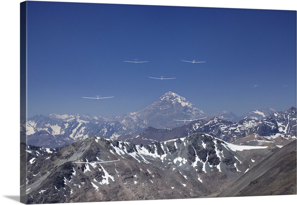 Gliders Racing in FAI World Sailplane Grand Prix, Andes Mountains, Chile, (and at right Aconcagua 6,962 m - 22,841 ft, Arg...