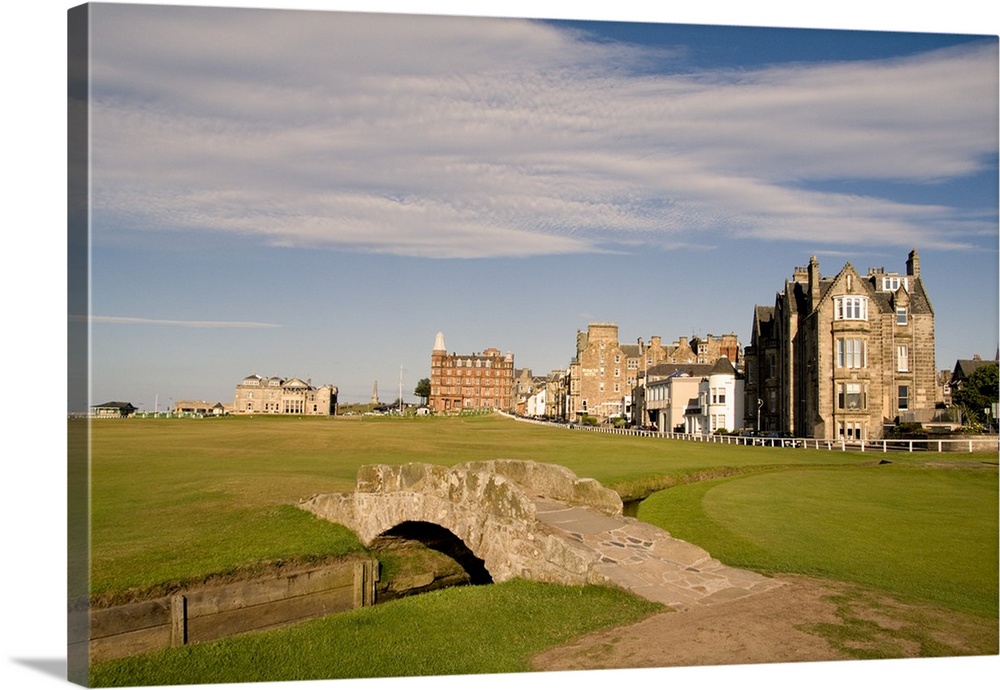 Golfing the special Swilcan Bridge on the 18th hole at the world famous St Andrews Old Golf Course Scotland