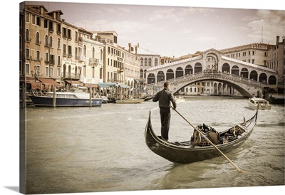 Gondola At The Rialto Bridge On The Grand Canal, Venice, Veneto, Italy