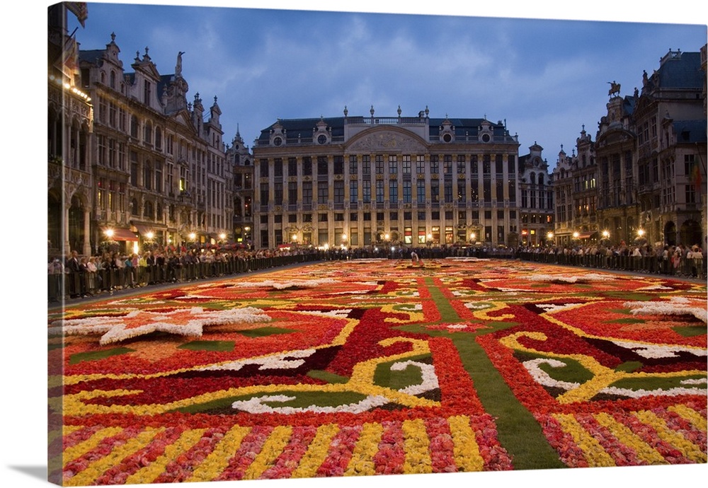 Wonderful night exposure of the beautiful Grand Place with the famous Flower Carpet with ornate buildings in Brussels Belgium