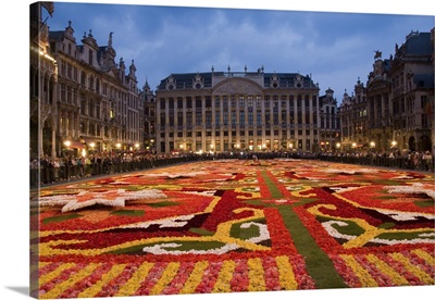 Grand Place with the famous Flower Carpet with ornate buildings in Brussels, Belgium