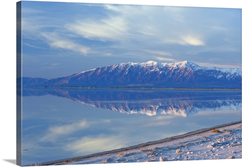 View from Antelope Island Causeway at sunset of Great Salt Lake and Northern Wasatch Mountains including Willard Peak and ...
