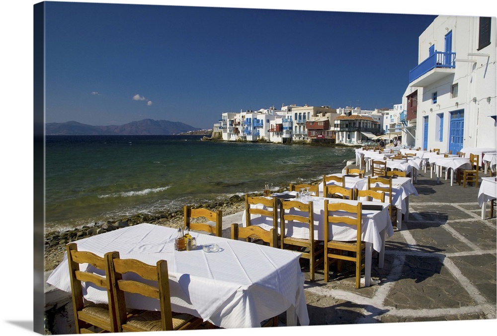 Greece and Greek Island of Mykonos and the harbor town of Hora along the shoreline of little Venice, and there restaurants