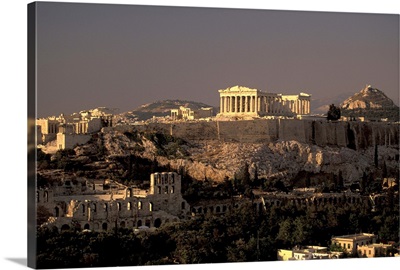 Greece, Athens, The Acropolis, Parthenon From Filopapou Hill, Dusk