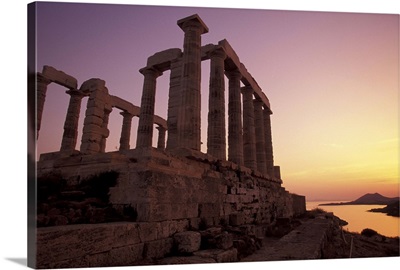 Greece, Attica, Cape Sounion, Temple Of Poseidon At Sunset
