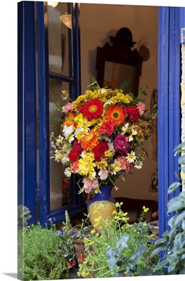 Greece, Crete, Window With Flowers