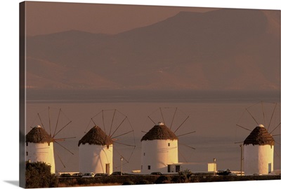 Greece, Cyclades Islands, Mykonos, Sunrise With Mykonos Windmills