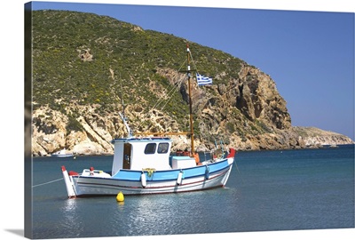 Greece, Dodecanese Islands, Patmos, Agriolivadi Bay, Small Boat On Agriolivadi Bay