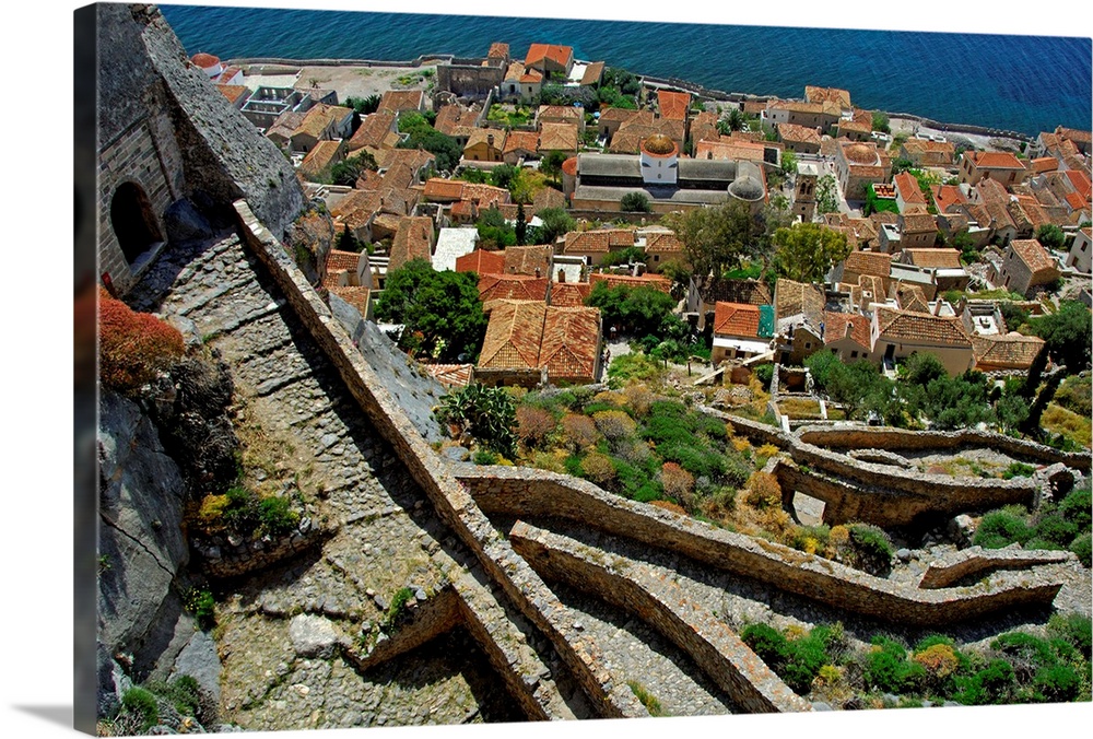 Europe, Greece, Peloponnese, Monemvasia (single entrance). Medieval zig-zag path leading from old town to mountain top and...