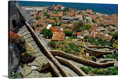 Greece, Monemvasia. Zig-Zag Path Leading From Old Town To Mountain Top