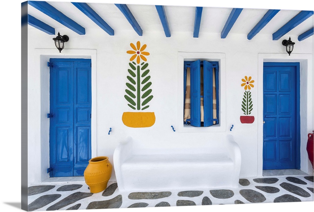 Greece, Mykonos. Colorful house exterior. Credit: Jim Nilsen