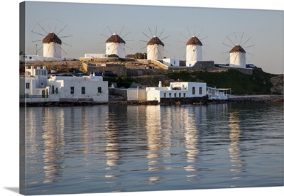 Greece, Mykonos, Sindmills And Their Reflection In The Water