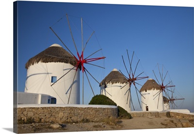 Greece, Mykonos, Windmills Along The Water