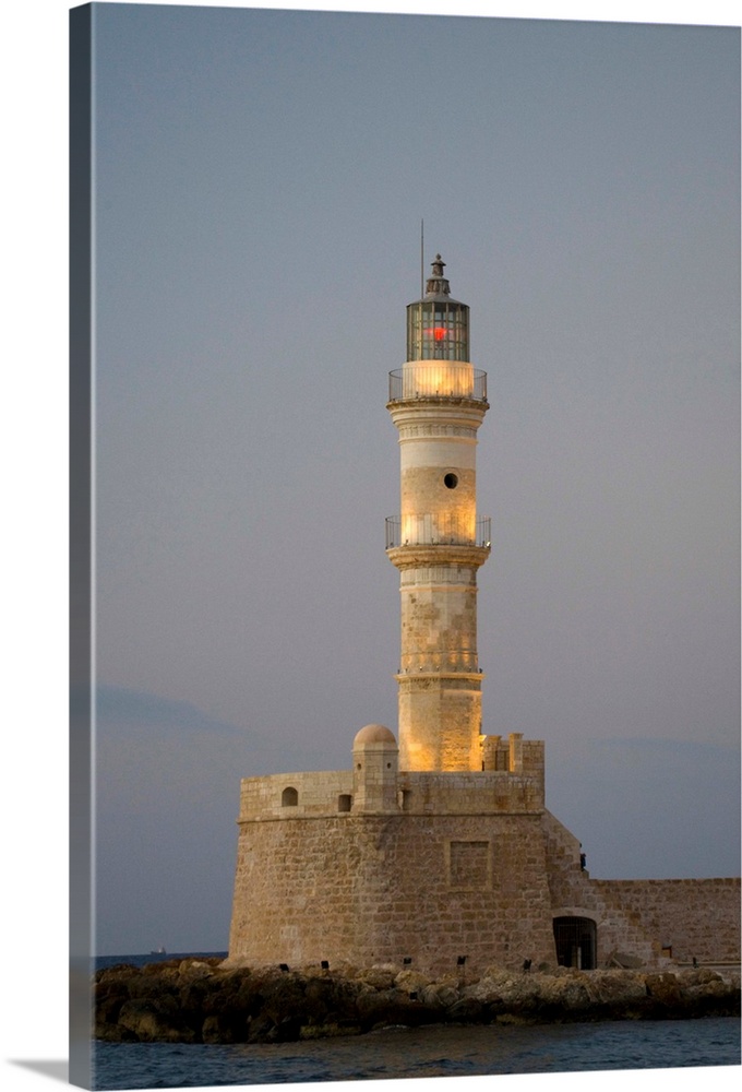 Greek Island of Crete and old town of Chania  with Venetian Lighthouse along the old harbor