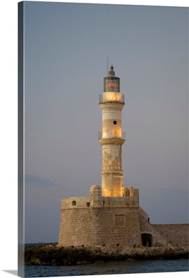 Greek Island Of Crete, Chania With Lighthouse Along The Old Harbor