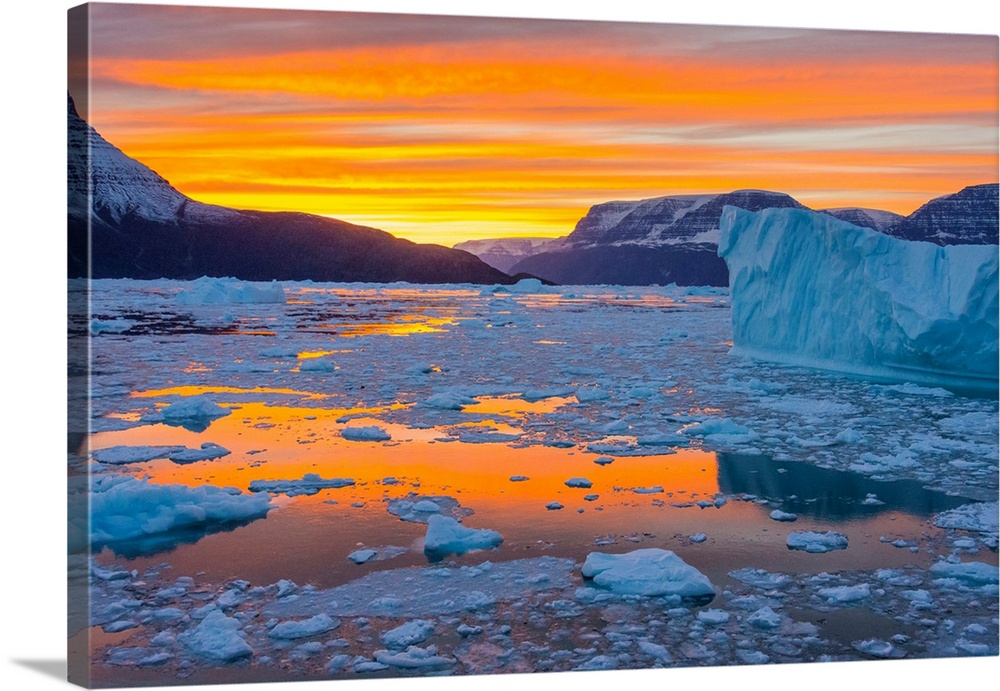 Greenland, Scoresby Sund, Gasefjord. Sunset with icebergs and brash ice.