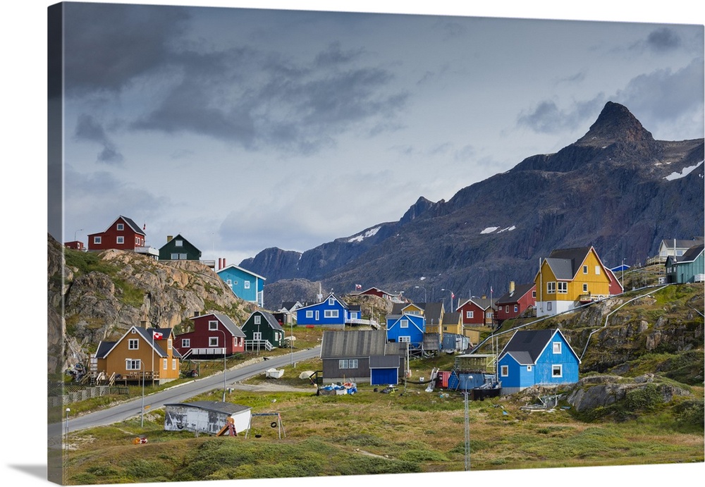 Greenland, Sisimiut. Nasaasaaq mountain towering above colorful Sisimiut.