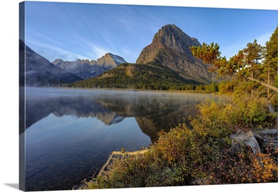 Grinnell Point And Mt, Gould Reflection Into Swiftcurrent Lake In Early Autumn