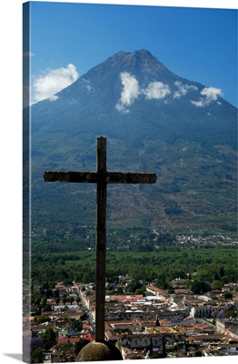Guatemala, Antigua, Hill of the Cross, with Agua Volcano in the distance
