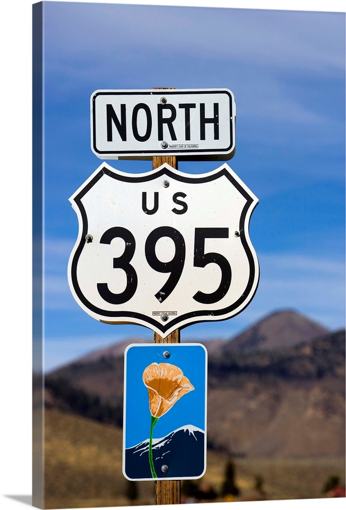 An upward view of a Highway 395 North sign post including a California Scenic Highway sign.