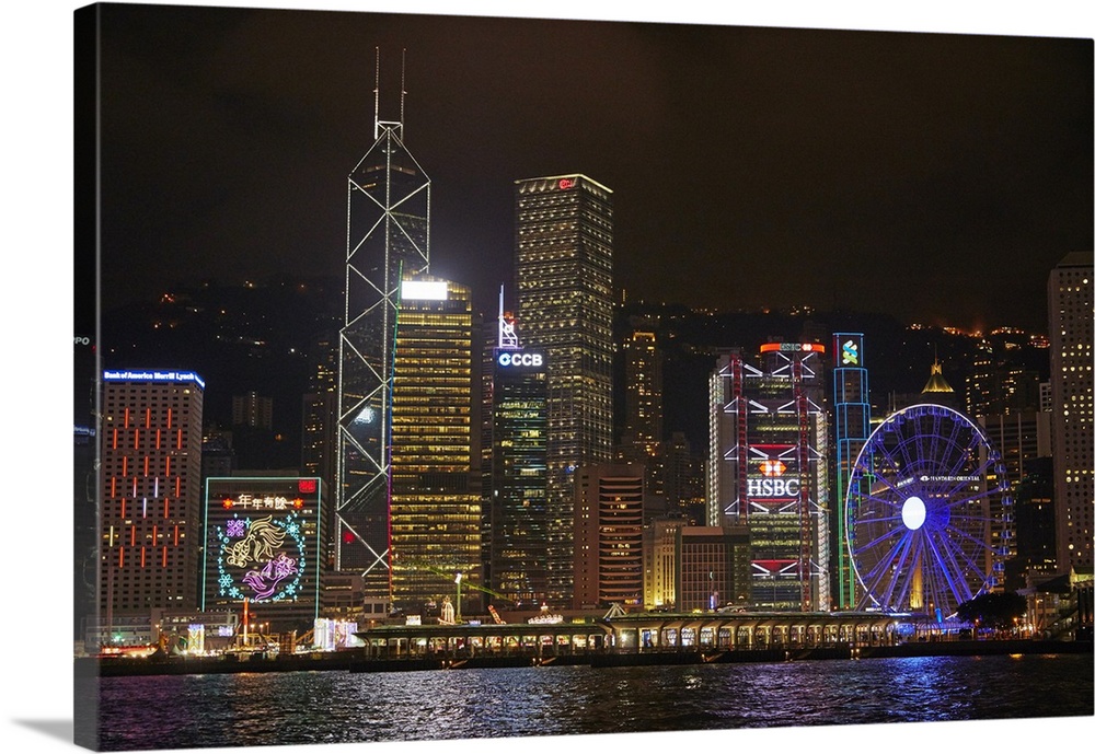 Victoria Harbour, skyscrapers and Hong Kong Observation Wheel, Central, Hong Kong Island, Hong Kong, China