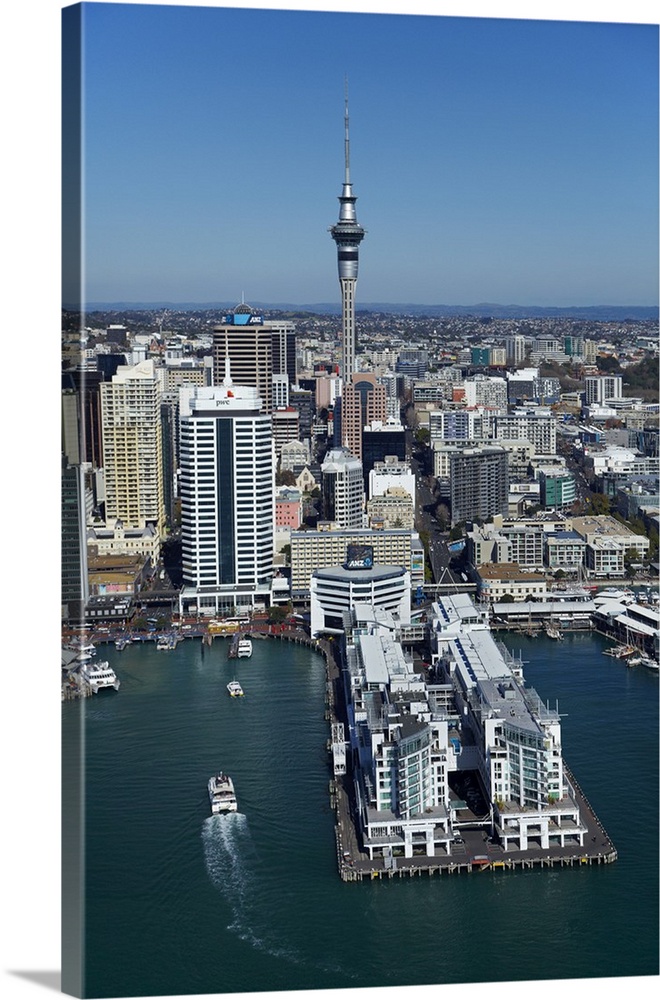 Hotel, Sky Tower, and Auckland waterfront, Auckland, North Island, New Zealand.