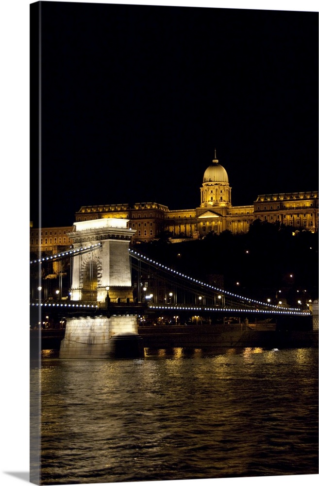 Hungary, Budapest, Buda. Night view of the Castle Hill, Chain Bridge, and the Palace (aka Castle).