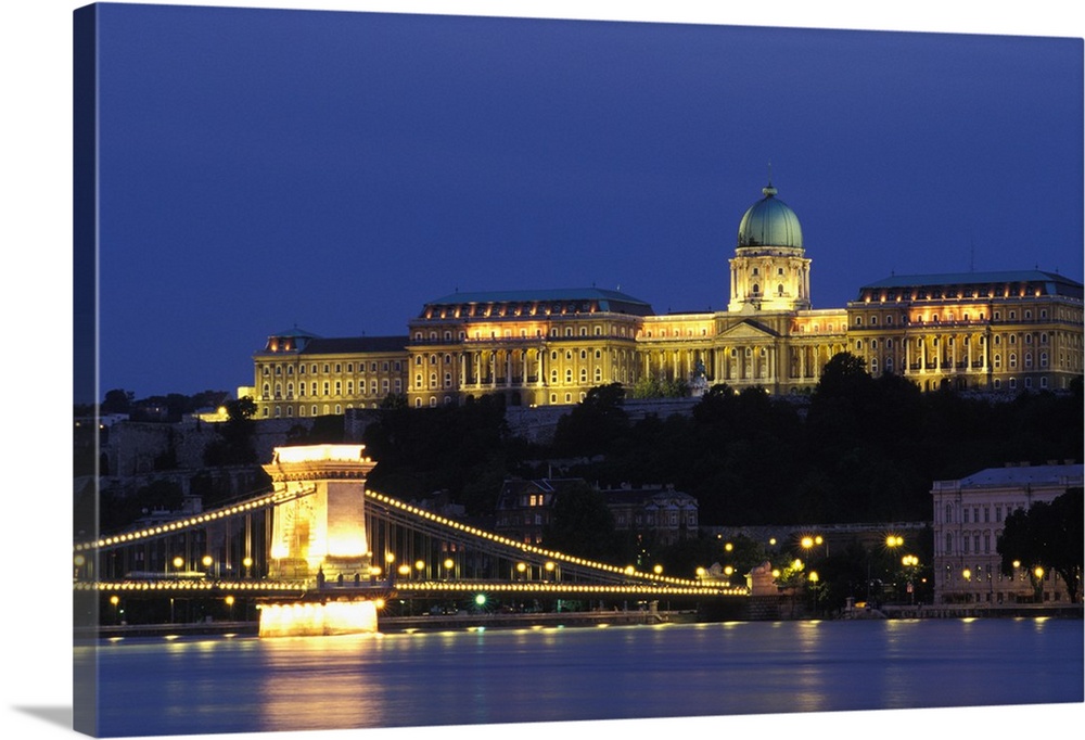 Hungary, Budapest, Buda Castle Palace and Chain Bridge.