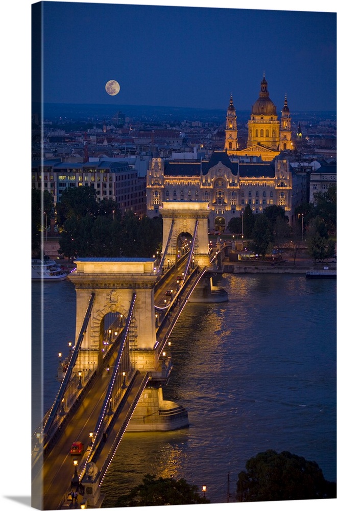 Hungary, Budapest. Chain Bridge lit at night.