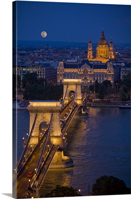 Hungary, Budapest. Chain Bridge lit at night