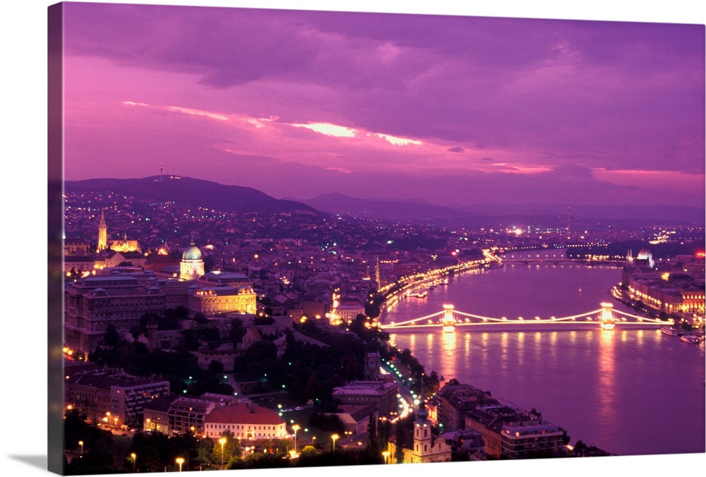 Hungary, Budapest, City and Danube river at dusk.