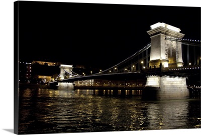 Hungary, Budapest, Night View Of Chain Bridge