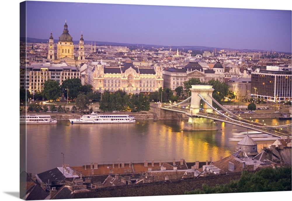 HUNGARY, Budapest. View of the Sz..chenyi Chain Bridge and St. Stephen's Basilica from Castle Hill.