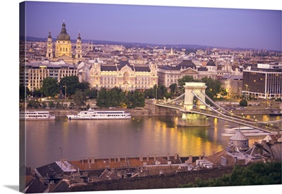 Hungary, Budapest, View Of The Chain Bridge And St. Stephen's Basilica