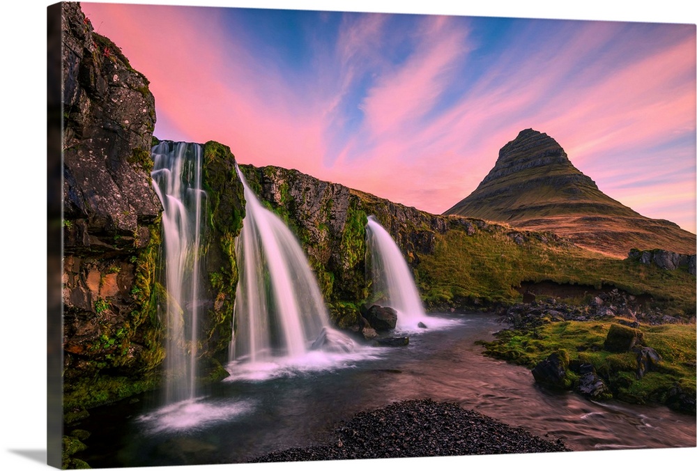 Iceland, Kirkjufellsfoss. Waterfall at sunrise.