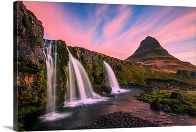Iceland, Kirkjufellsfoss Waterfall At Sunrise