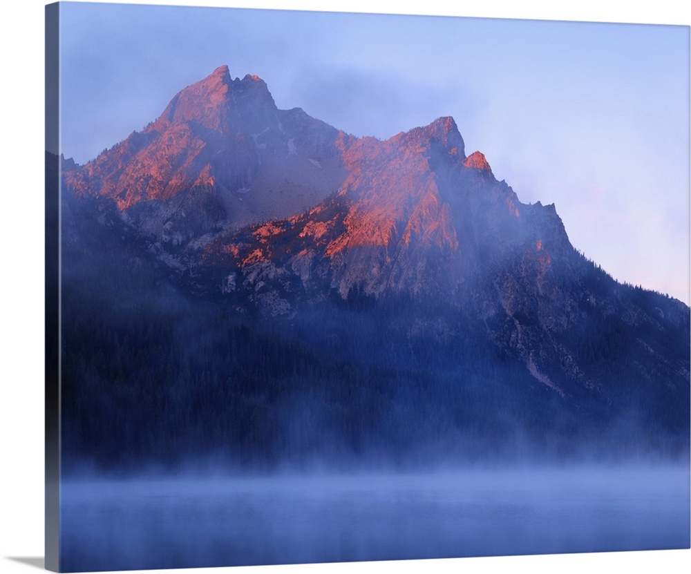 USA, Idaho, Sawtooth Mountains. McGown Peak and Stanley Lake at sunrise.