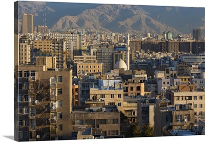 Iran, Tehran, Elevated City View With Mosque, Dawn