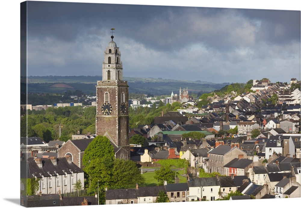Ireland, County Cork, Cork City, elevated city view with St. Anne's Church, dawn.