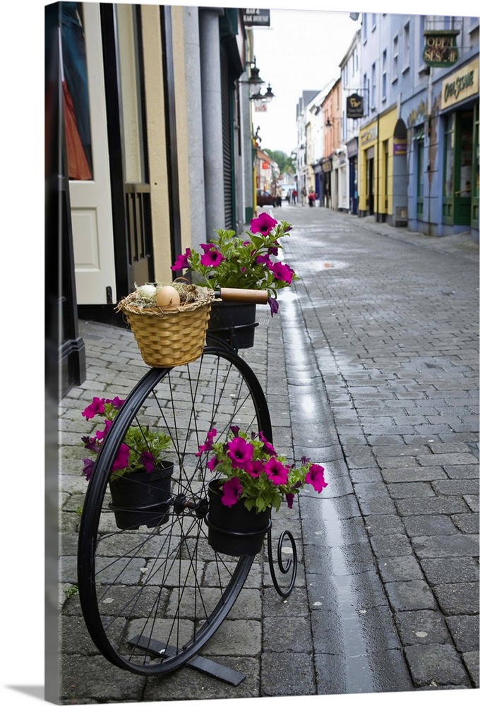 Ireland, Ennis. Antique bicycle decoration outside a shop.