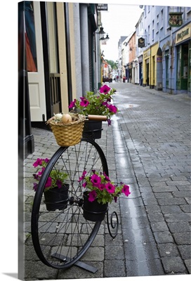 Ireland, Ennis. Antique bicycle decoration outside a shop