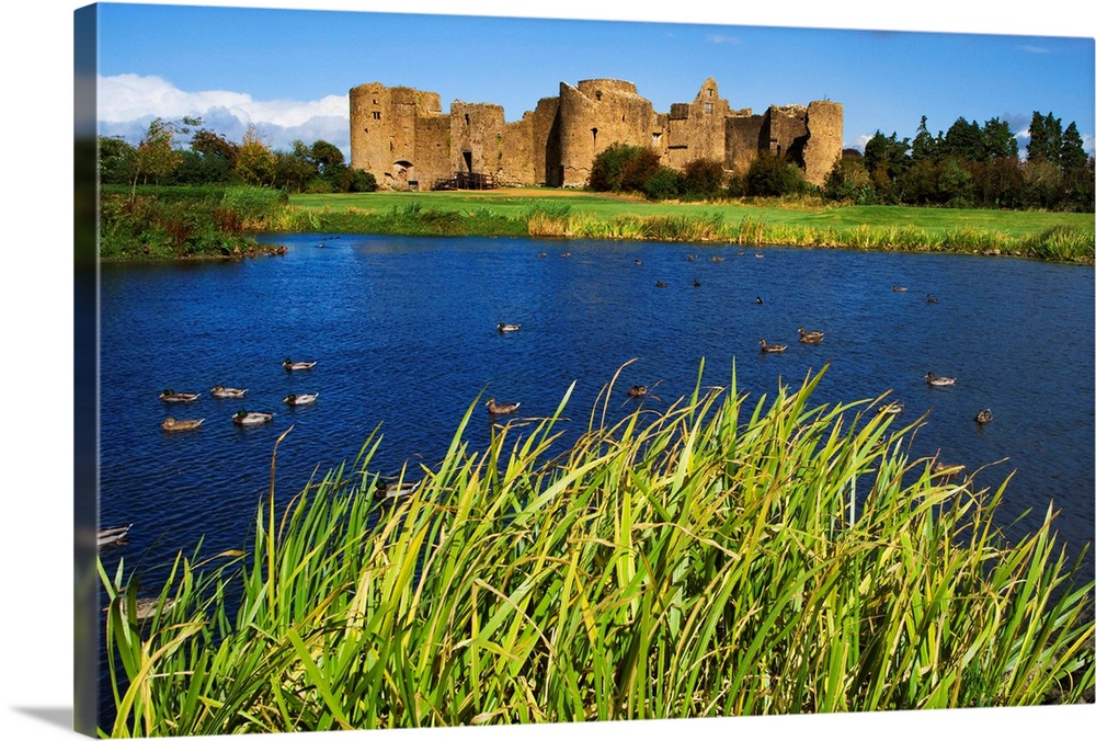 Europe, Ireland, Roscommon. View of ruins of Roscommon Castle and ducks on pond. Credit as: Dennis Flaherty / Jaynes Galle...