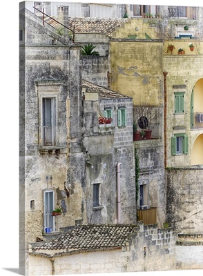 Italy, Basilicata, Matera, Balconies And Windows Of Sassi Homes