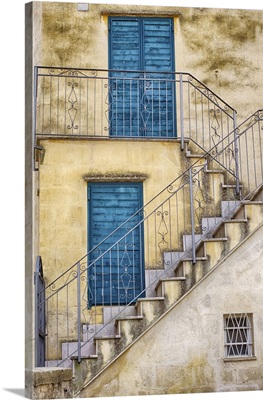 Italy, Basilicata, Matera, Stairs Leading To Blue Doors And Shutters In Old Town Matera