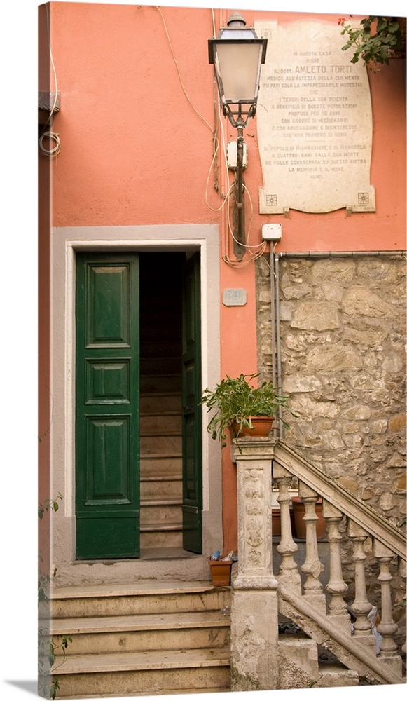 Europe, Italy, Cinque Terre, Riomaggiore. Green door and pink wall near stairs.