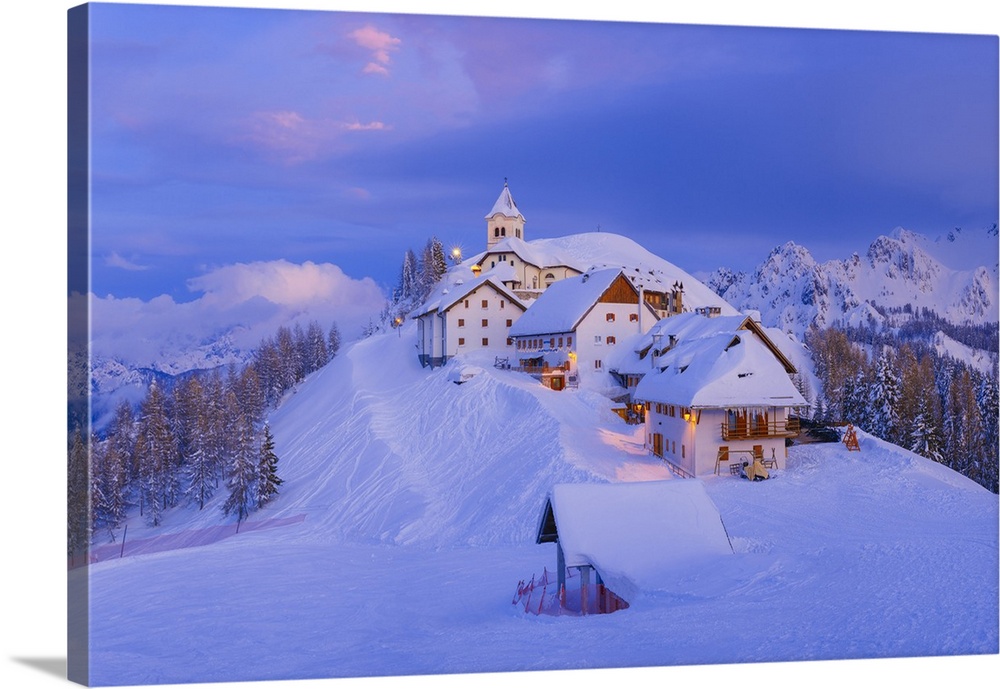 Italy, Monte Lussari. Winter night at ski resort. Credit: Jim Nilsen