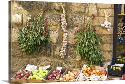 Italy, Orvieto. Fruit displayed for sale out side of small shop