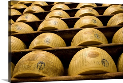 Italy, Ruberia, Shelves of aging Parmigiano-Reggiano cheese